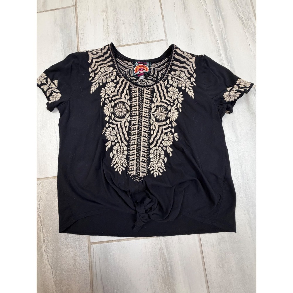 Johnny Was Black Embroidered Tie Front Cotton T-Shirt Boho Top J10419-3 Medium